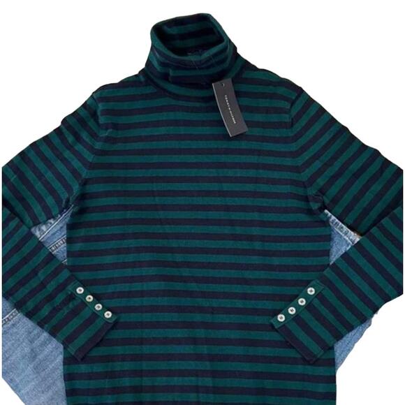 NWT Tommy Hilfiger Navy & Green Striped Fitted Turtleneck Sweater - M - Picture 2 of 5